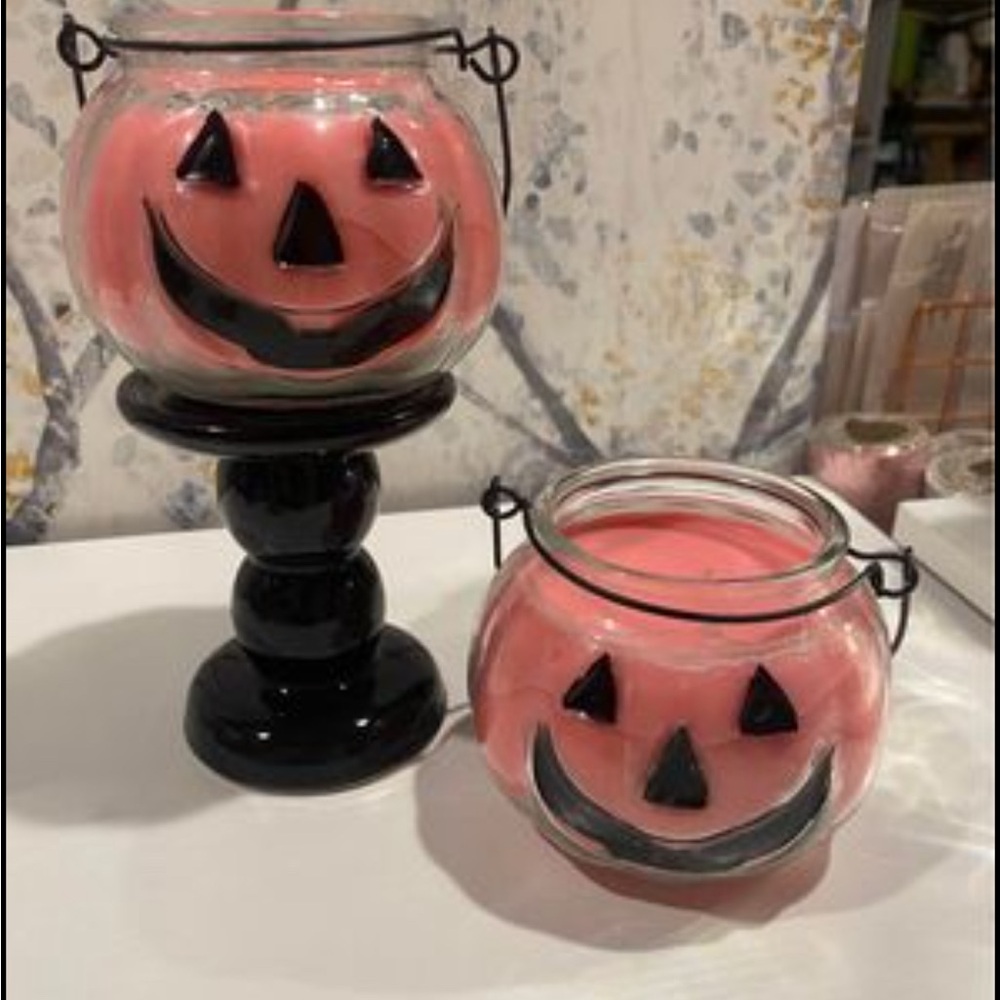 Set of 2 Pink Jack O' Lantern Candle - Unscented | 12 oz Glass | Pumpkin Candles